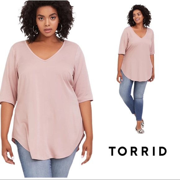 NEW TORRID DUSTY PINK STRETCH CHALLIS FAVORITE TUNIC TEE - Picture 1 of 13